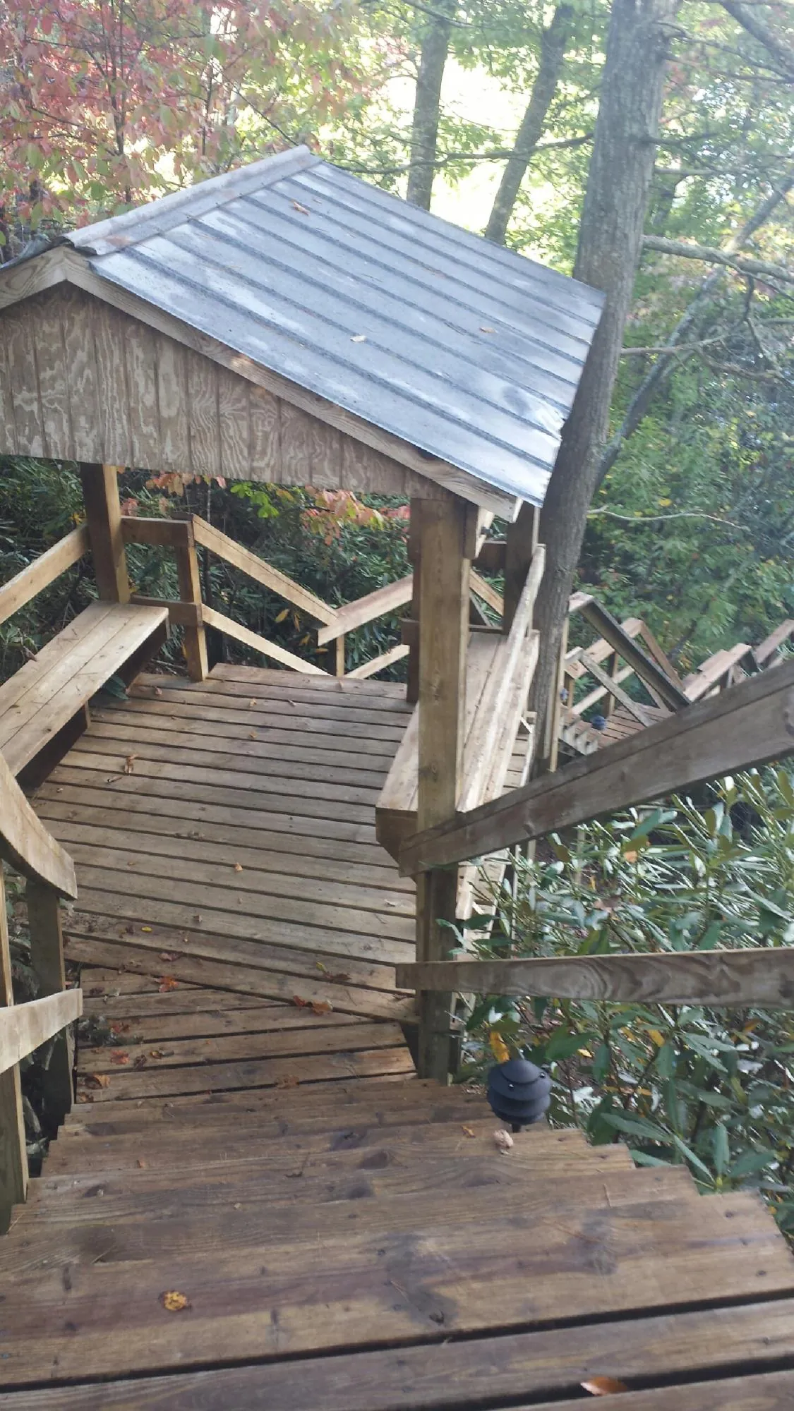 Metal roofed shelter over wooden steps on a wooded walkway — Skylight Repair & Installation work by our crew in Bighorn